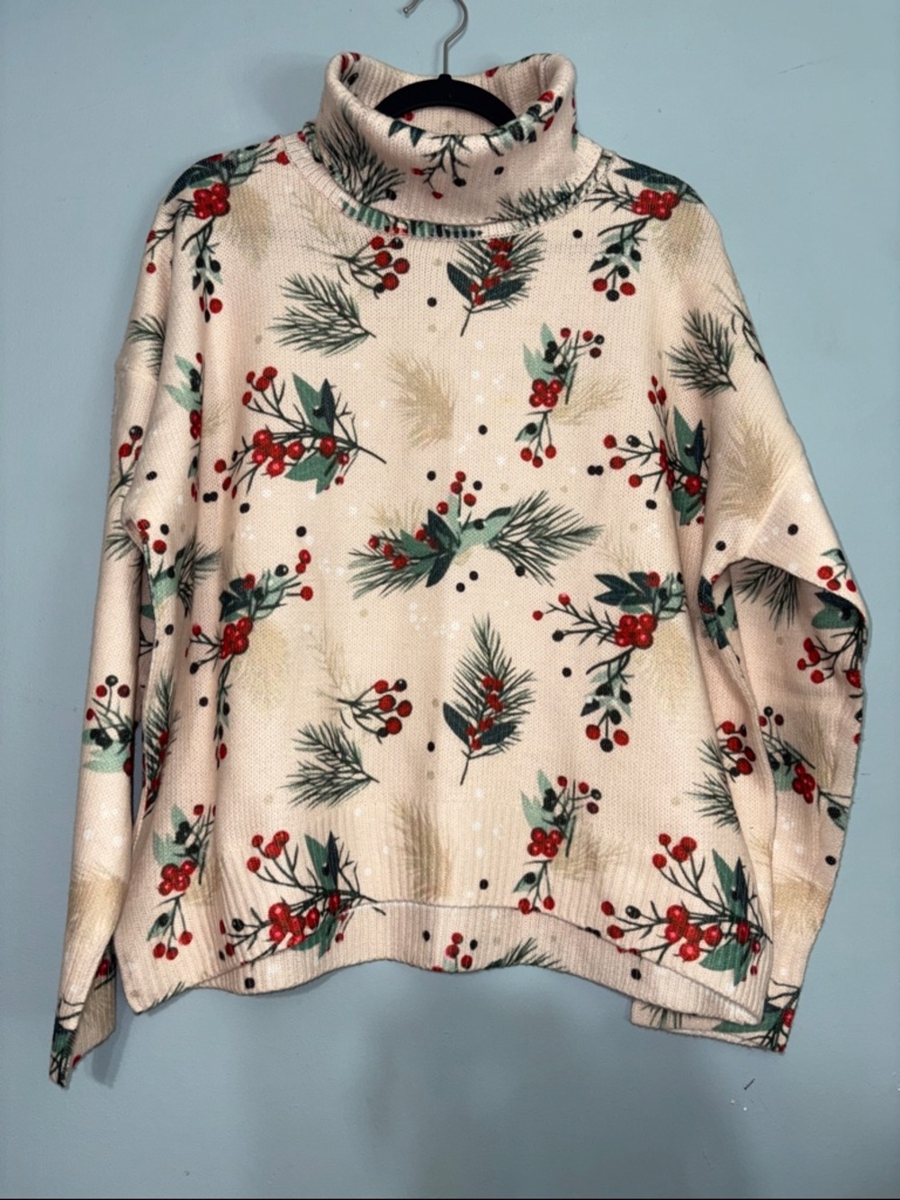 Large Knit Oversized Turtleneck Holiday Berry Print Sweater Cream Holly festive
